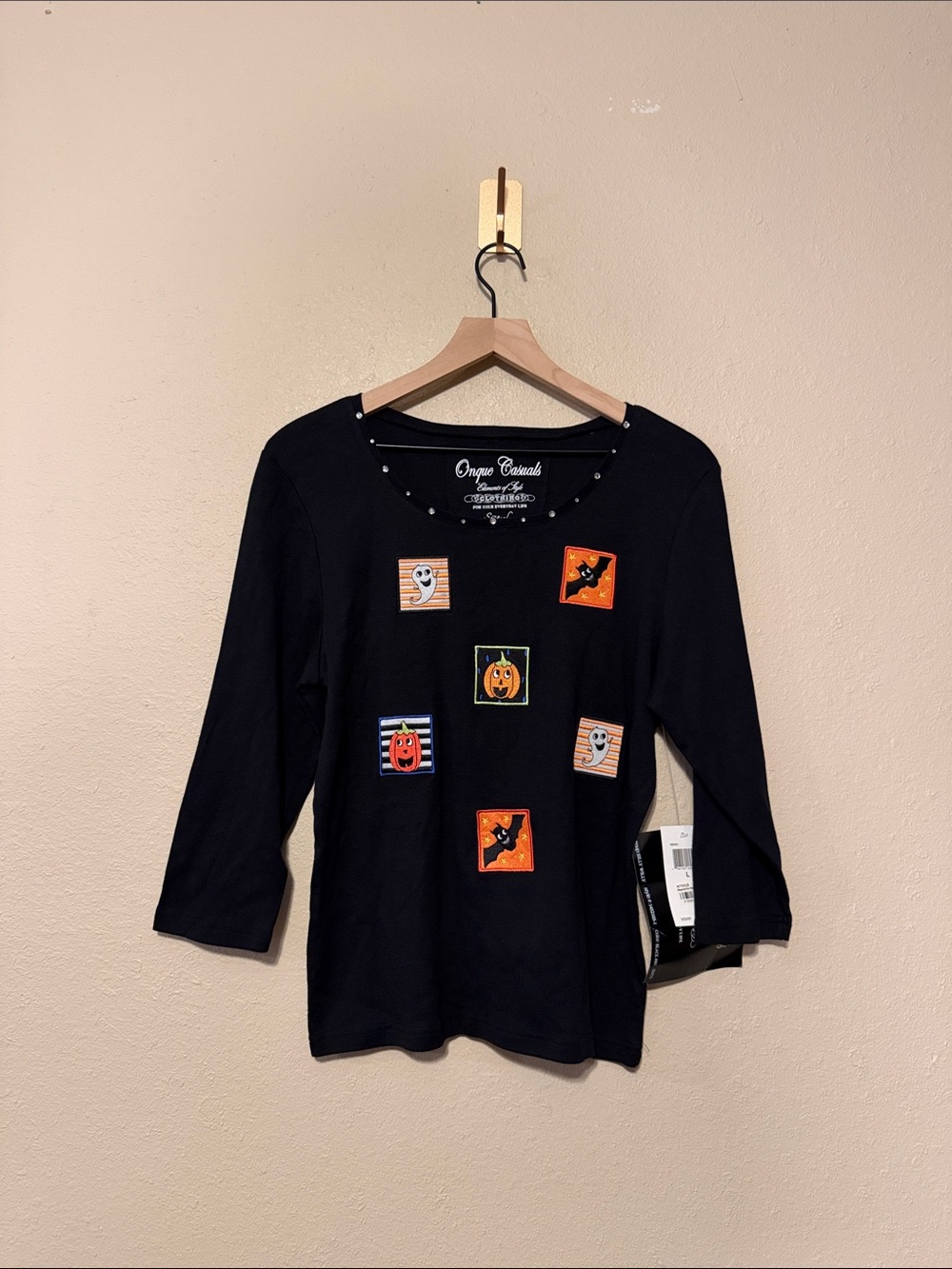 Onque Casuals Black 3/4 Sleeve Vintage Halloween Shirt Size Large NWT